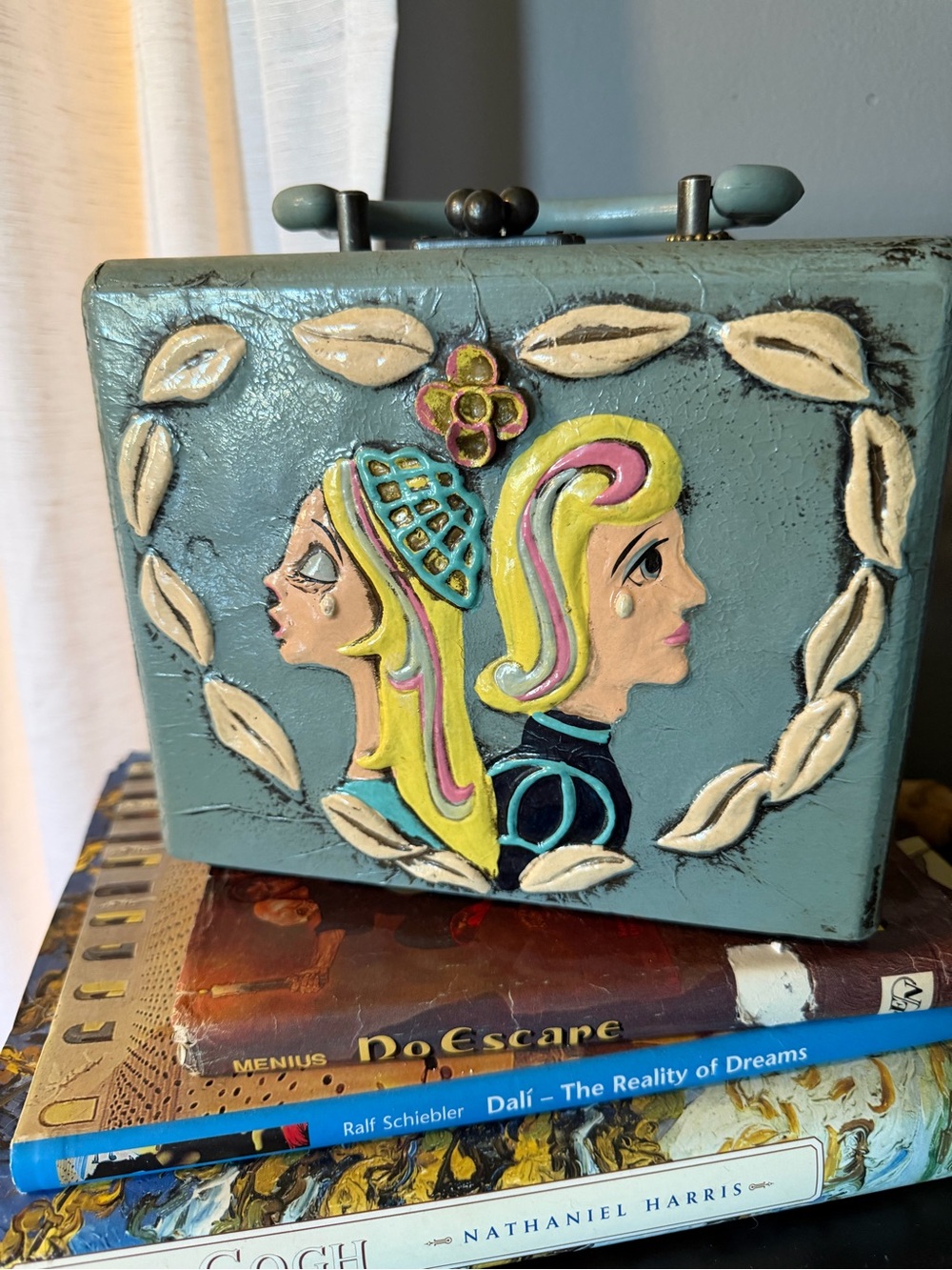 Vintage Mini Women’s Box Bag in Teal with Cream and Pink Accents